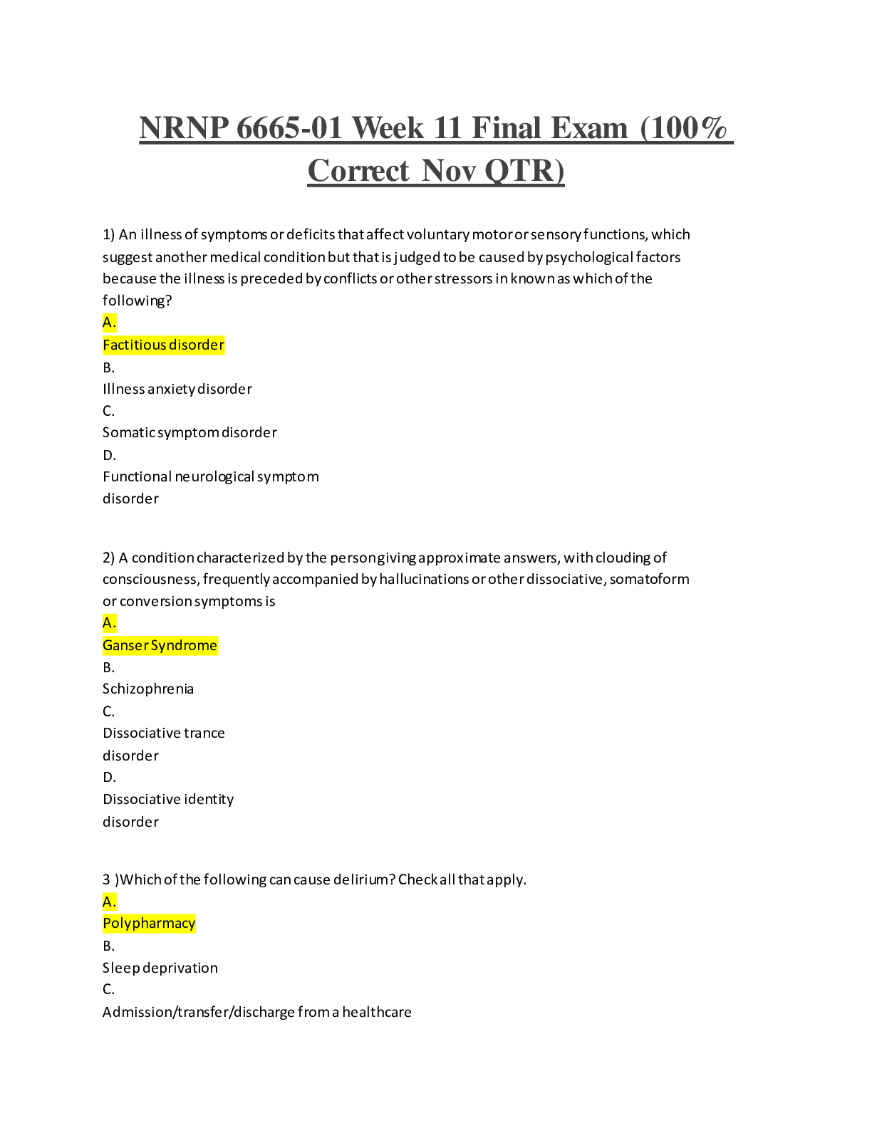 Preview of NRNP 6665-01 Week 11 Final Exam (100% Correct Nov QTR)